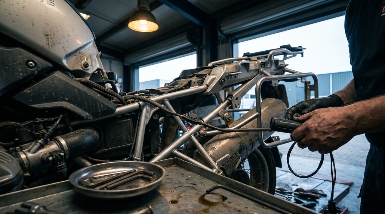 Monteur monteert handvatverwarming en een koffersysteem op een reismotor