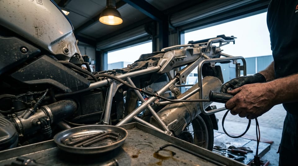 Monteur monteert handvatverwarming en een koffersysteem op een reismotor