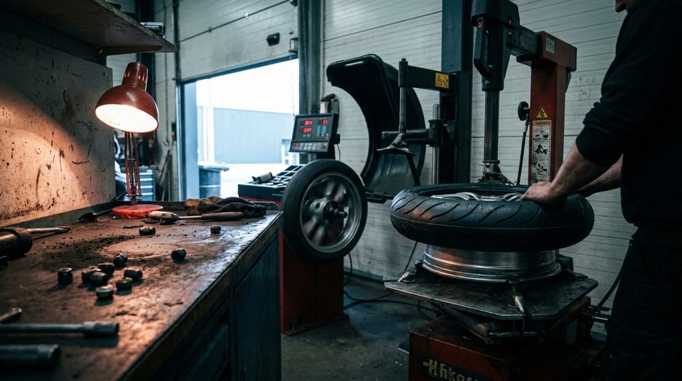 Nieuwe motorband wordt op de balanceermachine gezet in de werkplaats