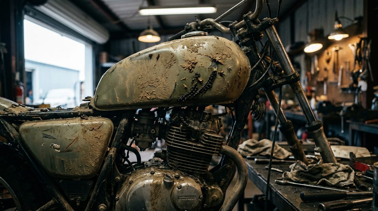 Doffe, vuile motortank en motorblok vóór detailing