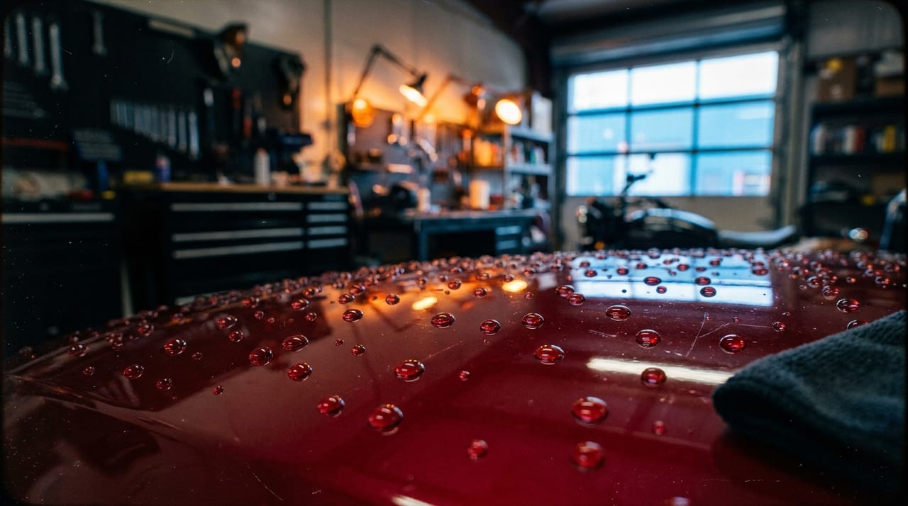 Waterparels op een glanzend gecoate motortank na detailing