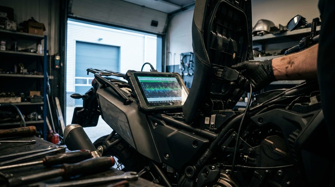 Diagnosecomputer aangesloten op een motor, foutcodes worden uitgelezen