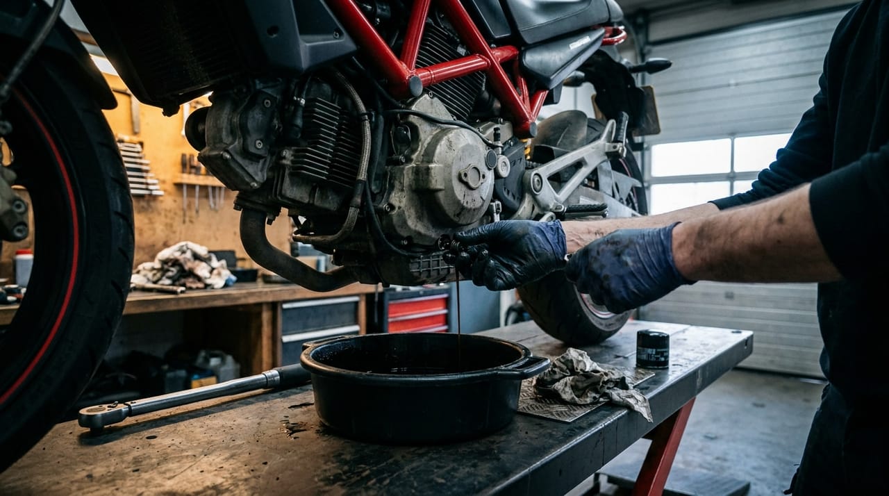Monteur ververst de olie van een naked bike op de hefbrug in een donkere werkplaats