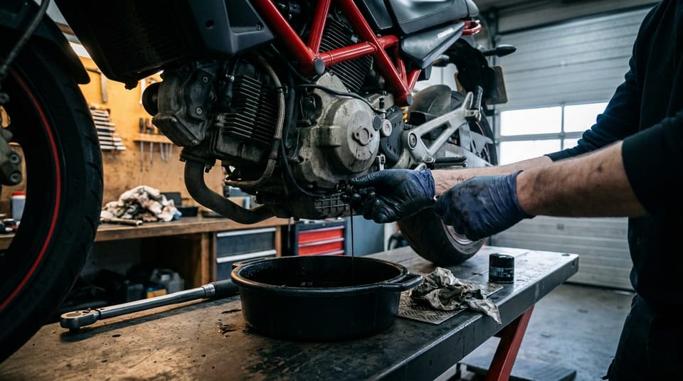 Monteur ververst de olie van een naked bike op de hefbrug in een donkere werkplaats