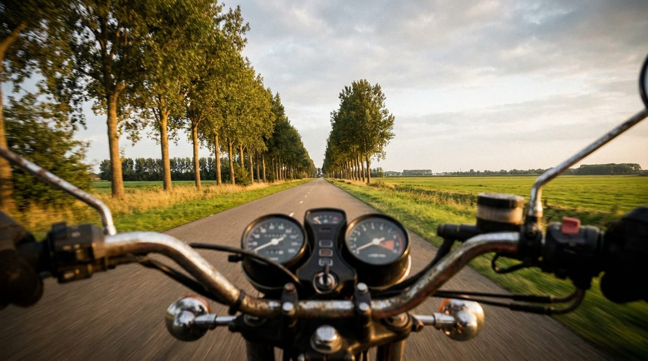 Rechte polderweg door Flevoland richting Zeewolde, gezien vanaf de motor
