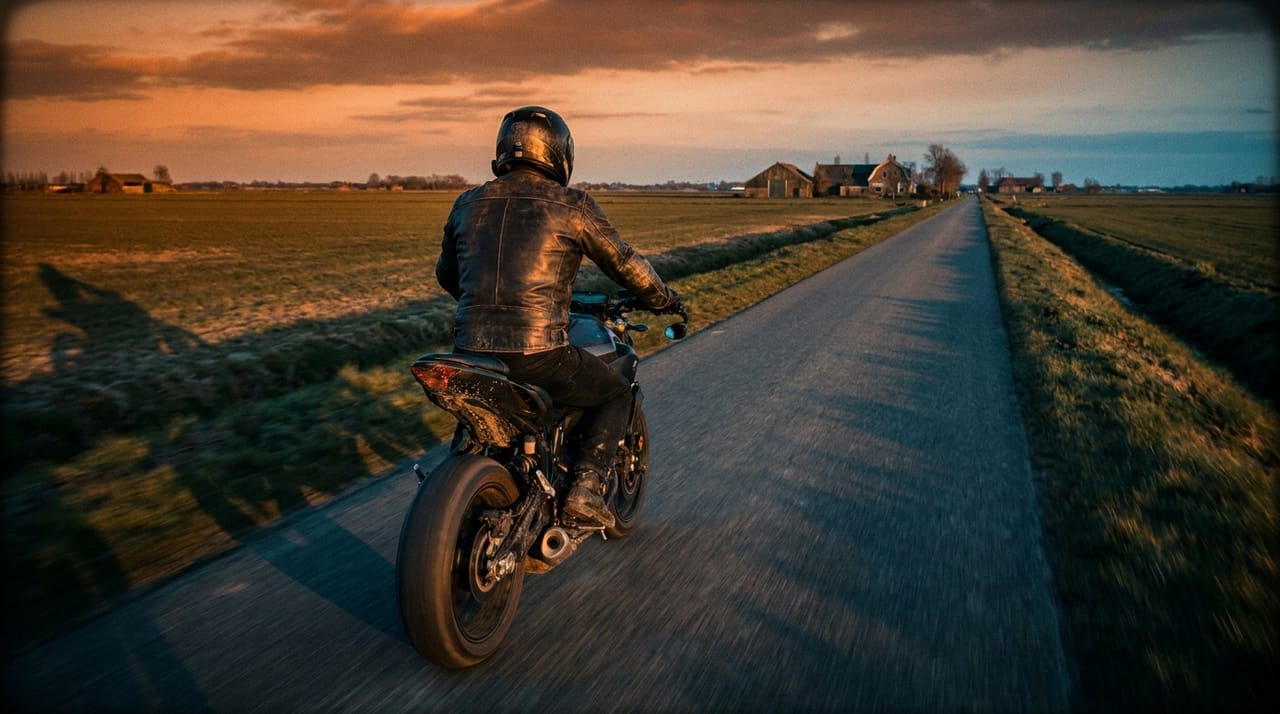 Motor rijdt over een polderweg bij Zeewolde na de onderhoudsbeurt
