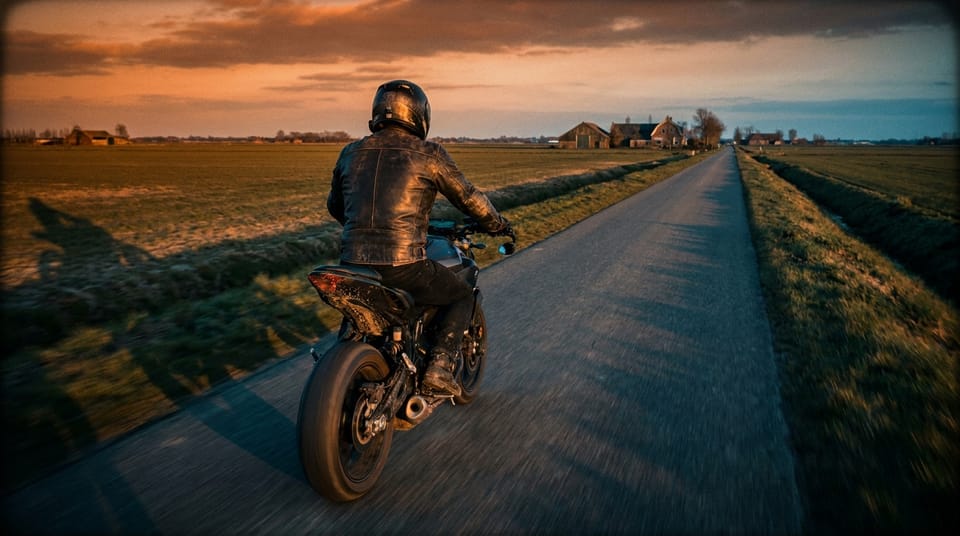 Motor rijdt over een polderweg bij Zeewolde na de onderhoudsbeurt