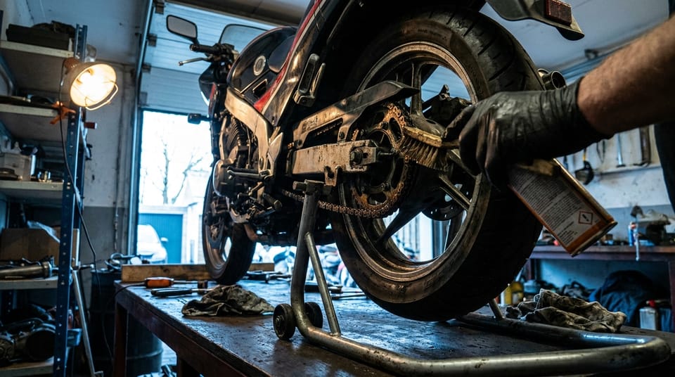 Ketting van een motor wordt gereinigd en gesmeerd voor het nieuwe seizoen