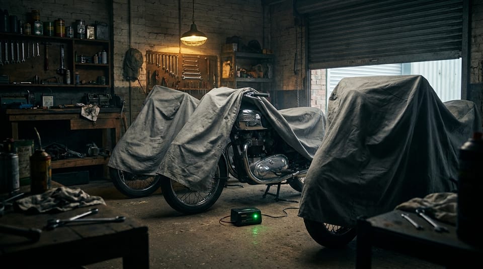 Motoren onder een stofhoes in een droge, verwarmde winterstalling met druppellader