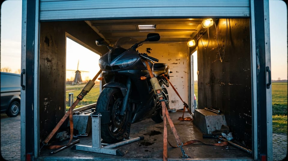 Motor vastgesjord in een gesloten aanhanger voor transport