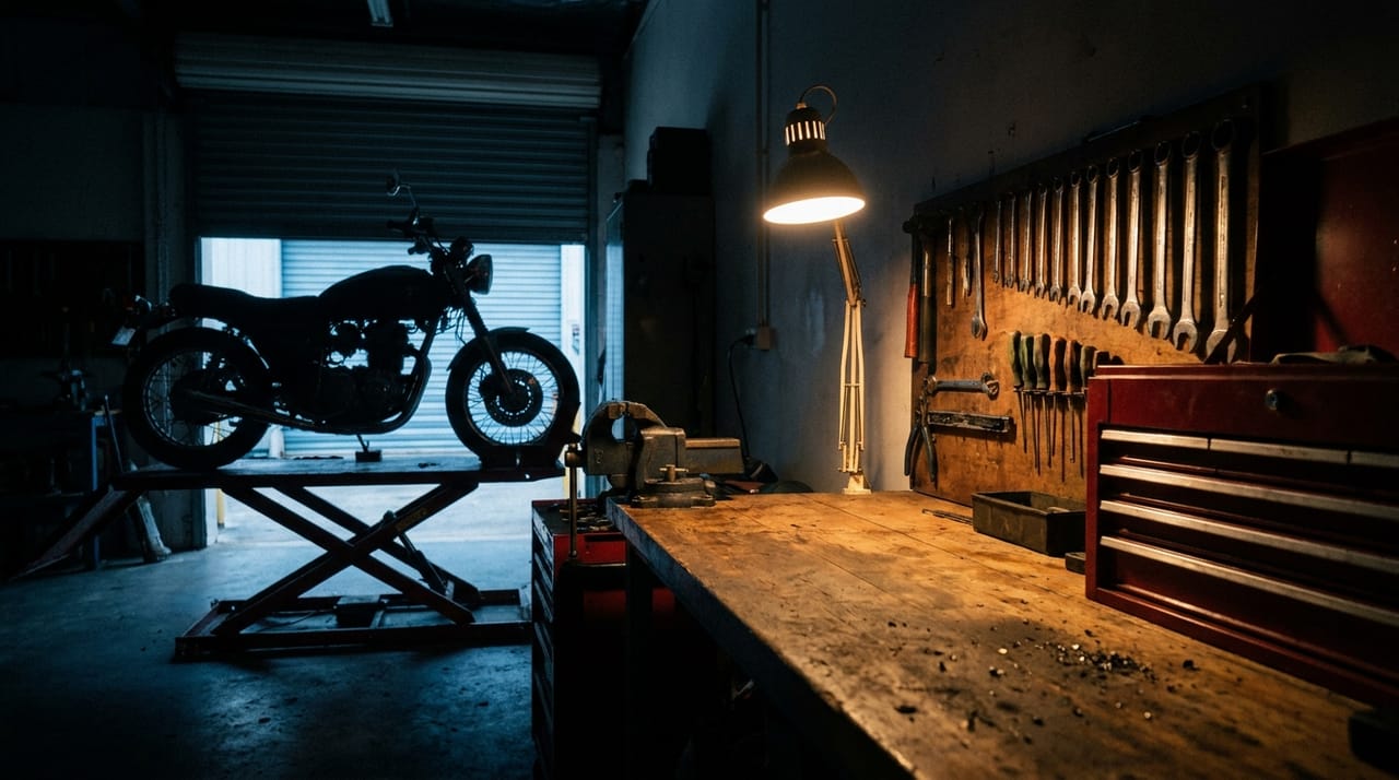 Gereedschap netjes op de werkbank in de werkplaats van PK MOTO